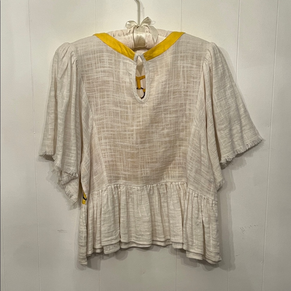 Vibrant Yellow and White Embroidered Blouse Size L - Picture 3 of 5